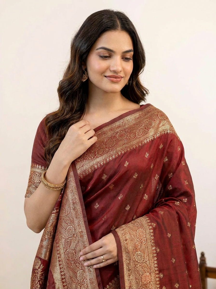 Royal Maroon Banarasi Silk Saree with Rich Golden Zari Border - 04 upper closeup (4)