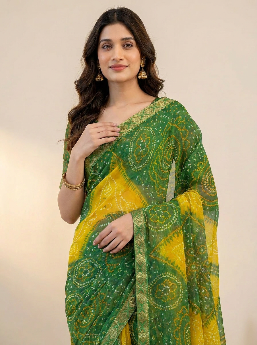 Rangriti Bandhani Chiffon Saree with Lace Border - 04 upper closeup (4)