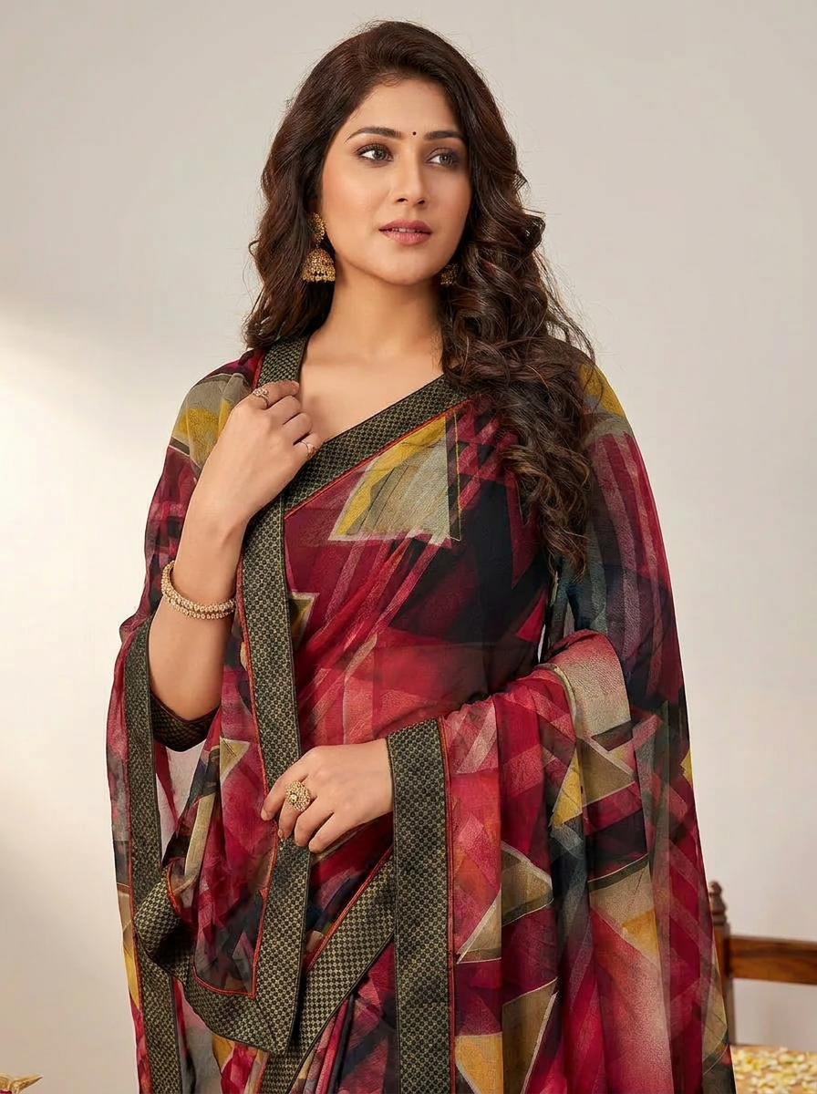 Aarohi Digital Print Chiffon Saree with Lace Border - 04 upper closeup (4)