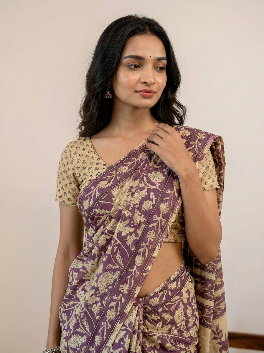 Pure Cotton Mauve Saree with Beige Floral Print & Elegant Border