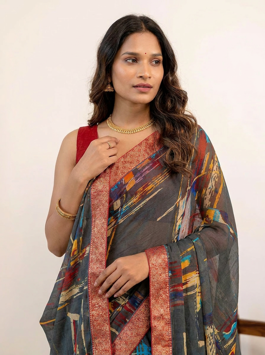 Aarohi Digital Print Chiffon Saree with Lace Border - 04 upper closeup