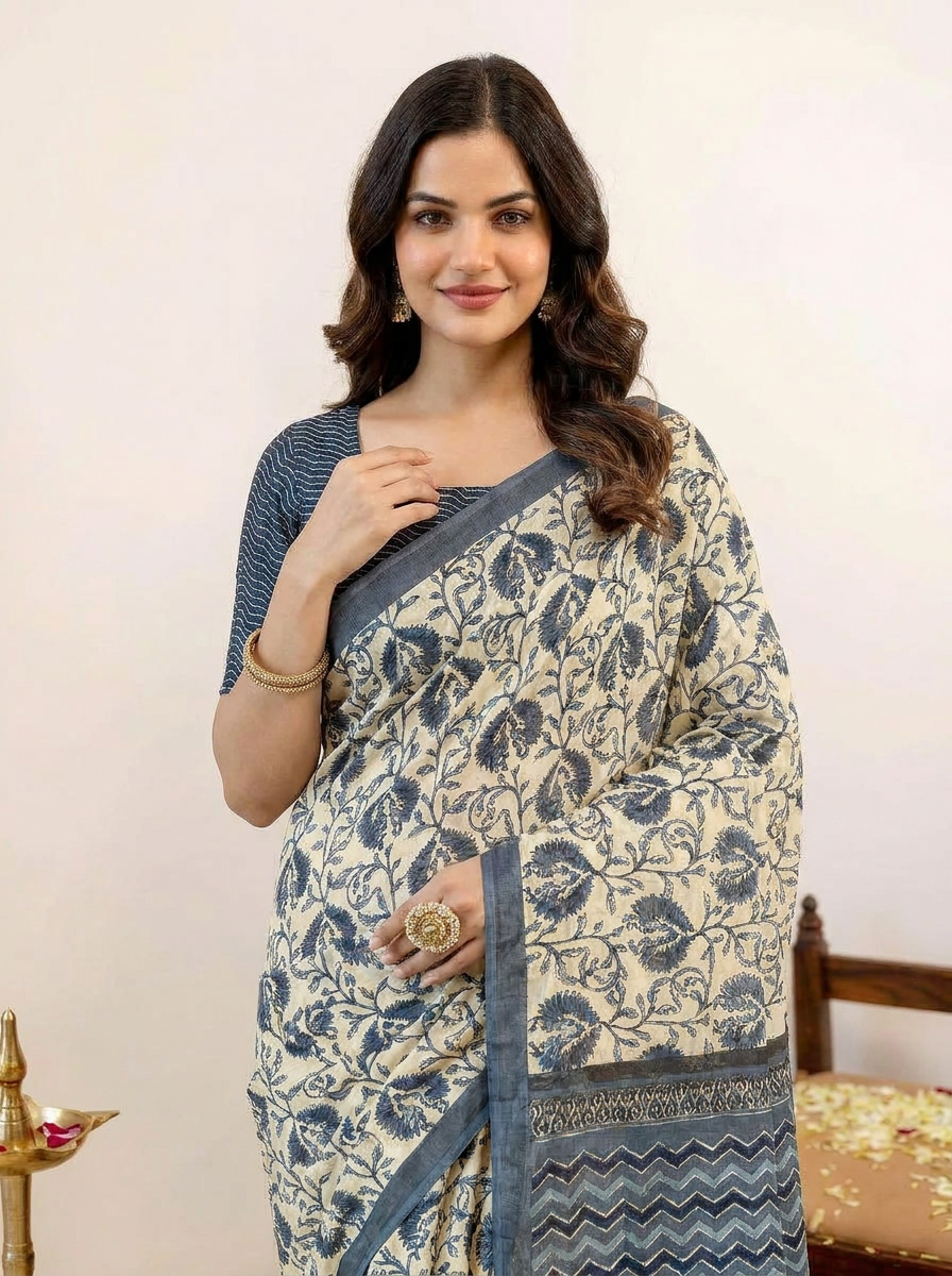 Elegant Pure Cotton Ivory & Grey Printed Saree with Designer Border - 04 upper closeup