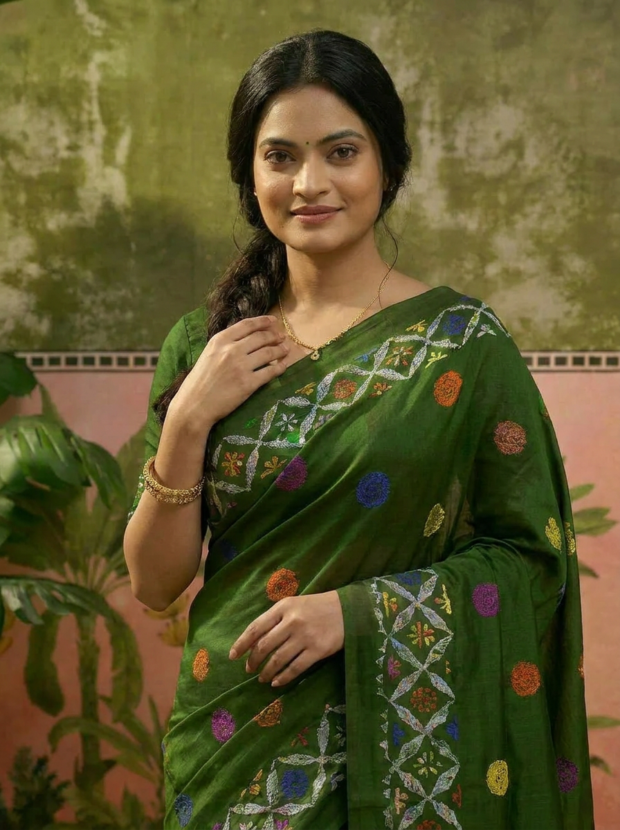 Pure Cotton Bottle Green Artistic Printed Saree with Contrast Pallu - 04 upper closeup