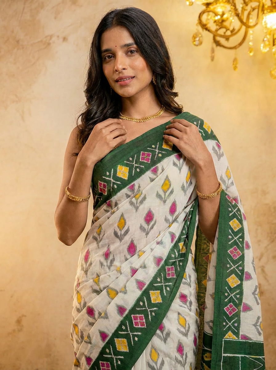 Rama green ikkat print cotton saree with blouse
