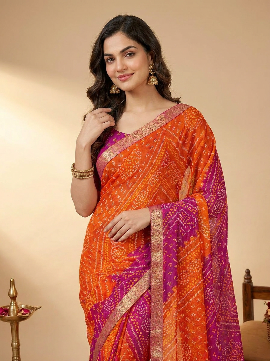 Ishani Bandhani Printed Chiffon Saree with Lace Border - 04 upper closeup