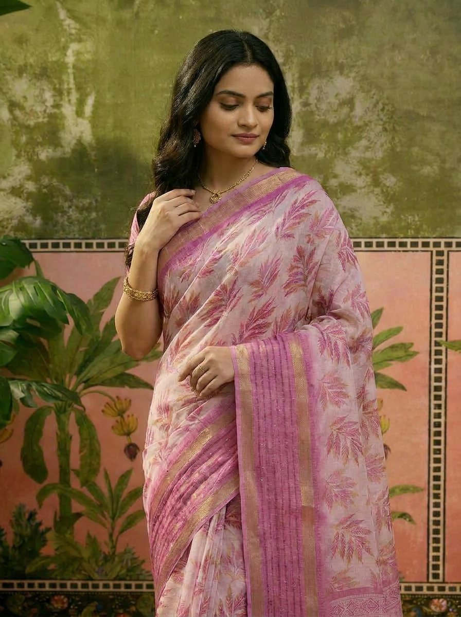 Vriksha Floral Leaf Chanderi Saree - 04 upper closeup