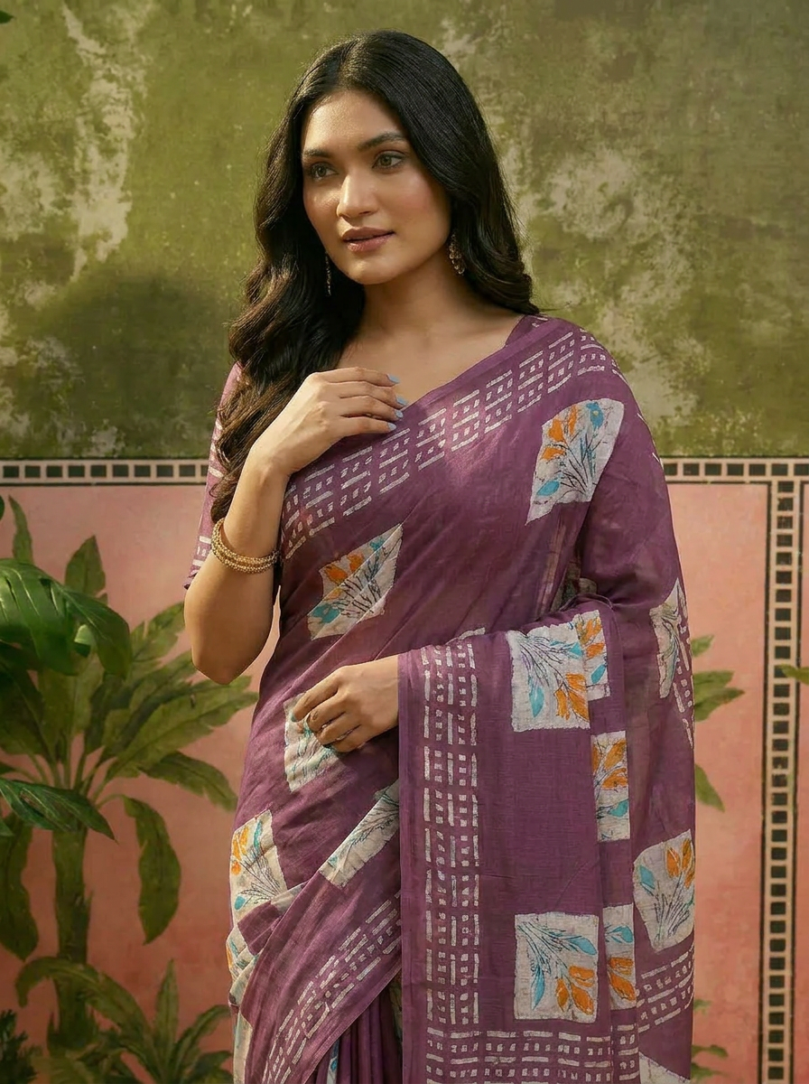 Olive Green Batik Printed Mulmul Cotton Saree