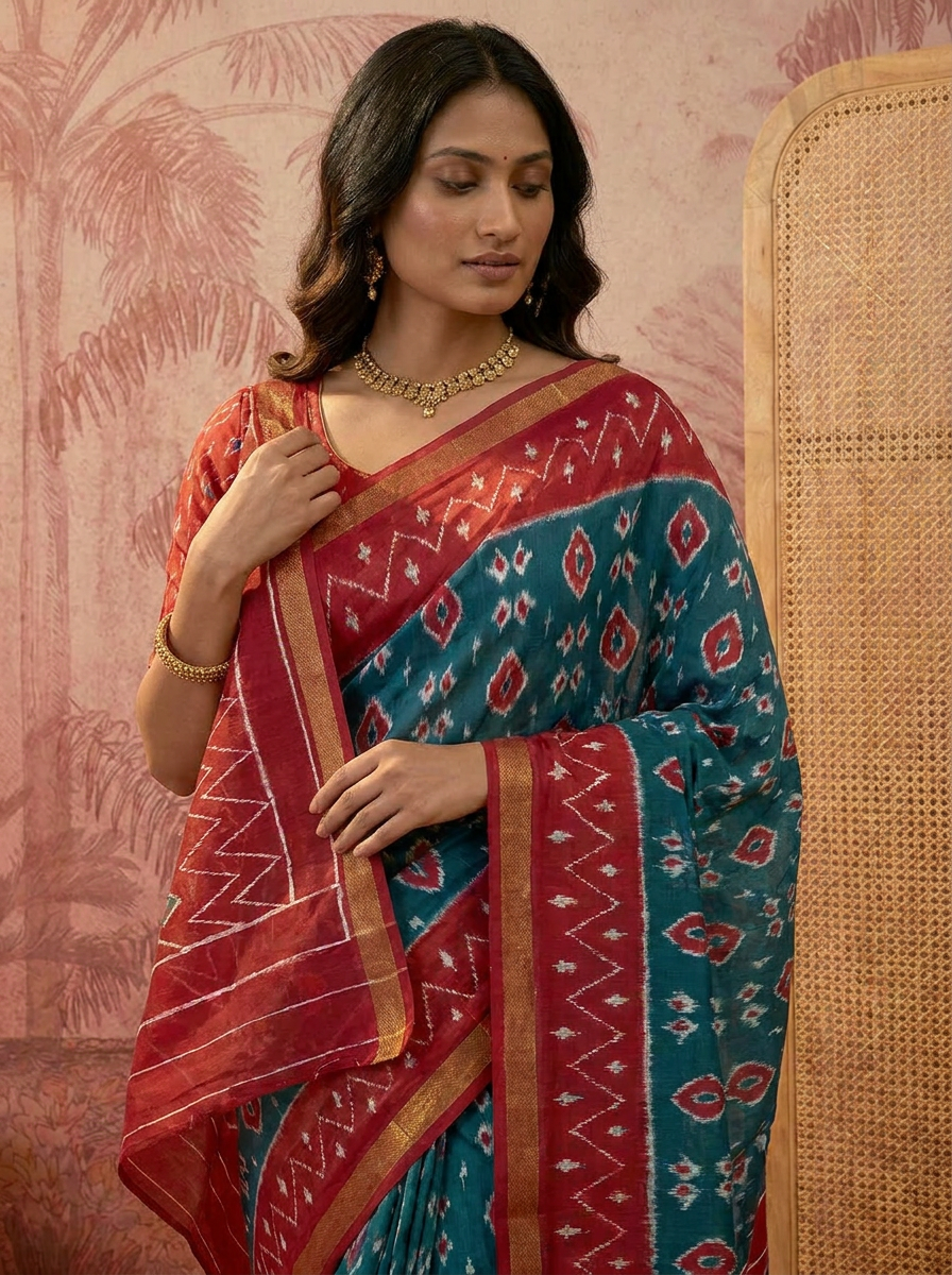 Stylish Pure Cotton Blue Printed Saree with Contrast Border - 04 upper closeup