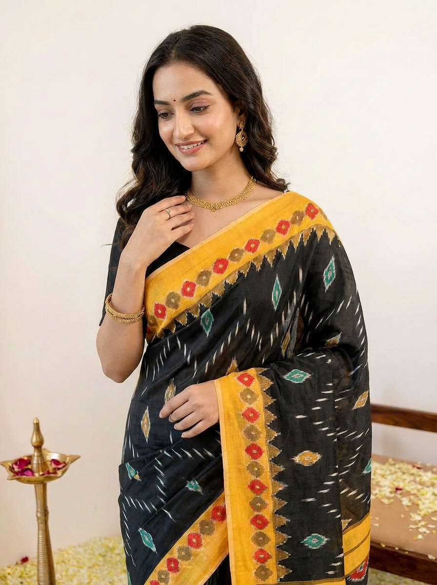 Pure Cotton Black Saree with Orange Border & Ikat Inspired Prints