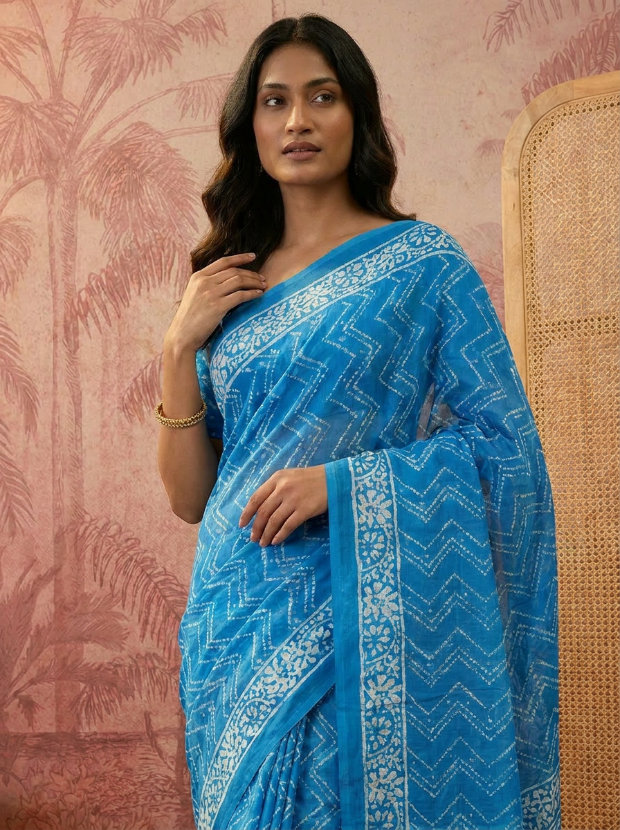 Elegant Pure Cotton Blue Printed Saree with White Ethnic Design - 04 upper closeup