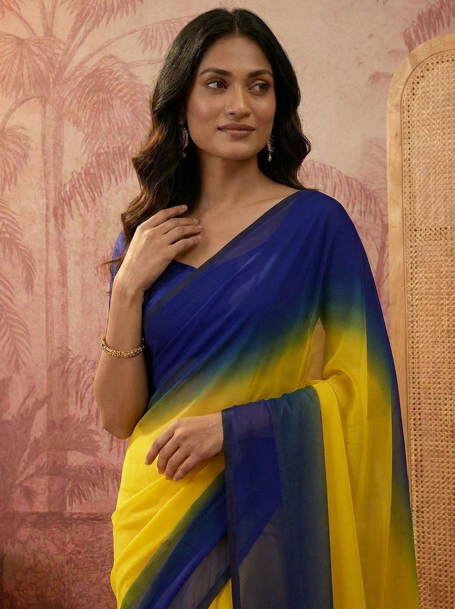 Stylish Green Yellow Ombre Chiffon Saree with Gradient Design – Trendy Party & Casual Wear - 04 upper closeup