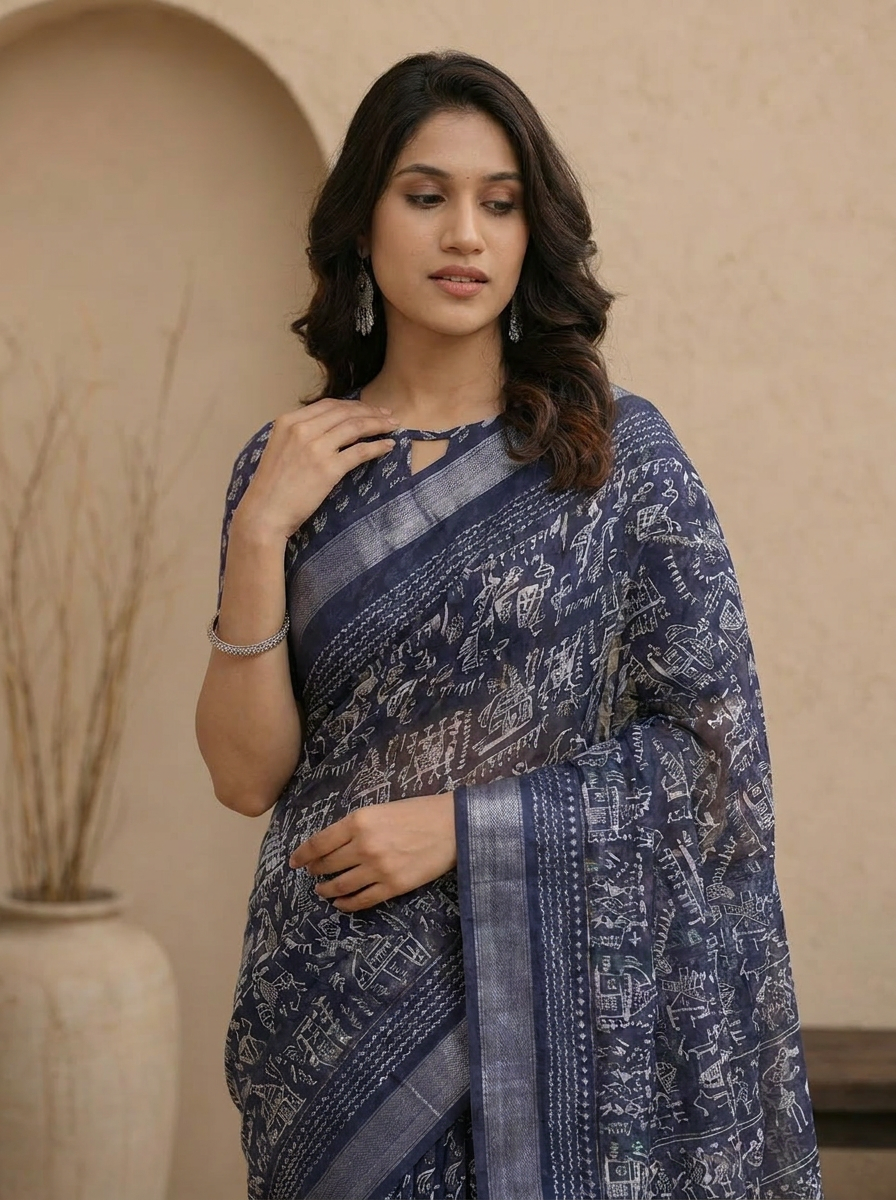 Indira Indigo Work Georgette Saree - 04 upper closeup