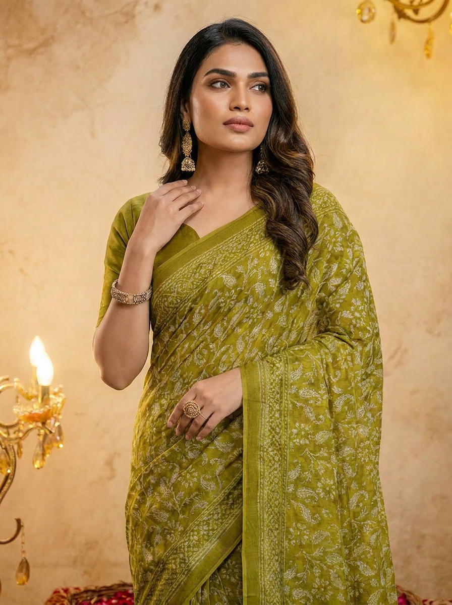 Sea Blue Cotten Saree with Golden Paisley Prints - 04 upper closeup