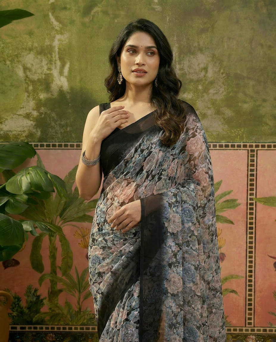 Elegant Black Floral Printed Chiffon Saree with Stylish Border – Party & Festive Wear