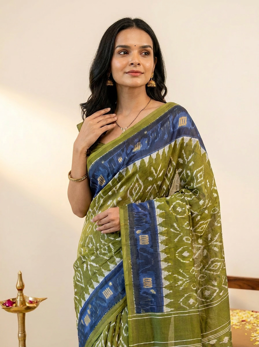 Pure Cotton Olive Green Saree with Navy Blue Border & Ikat Prints