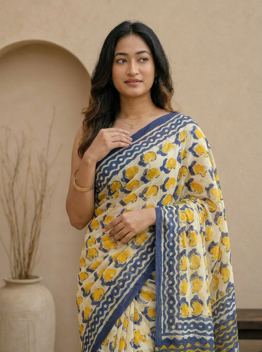Pure Cotton Mustard Yellow Saree with Navy Blue Ethnic Prints - 04 upper closeup