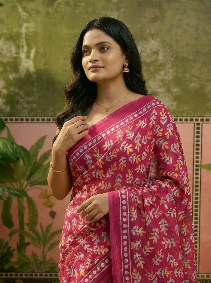 Pure Cotton Rani Pink Floral Printed Saree with Elegant Border - 04 upper closeup