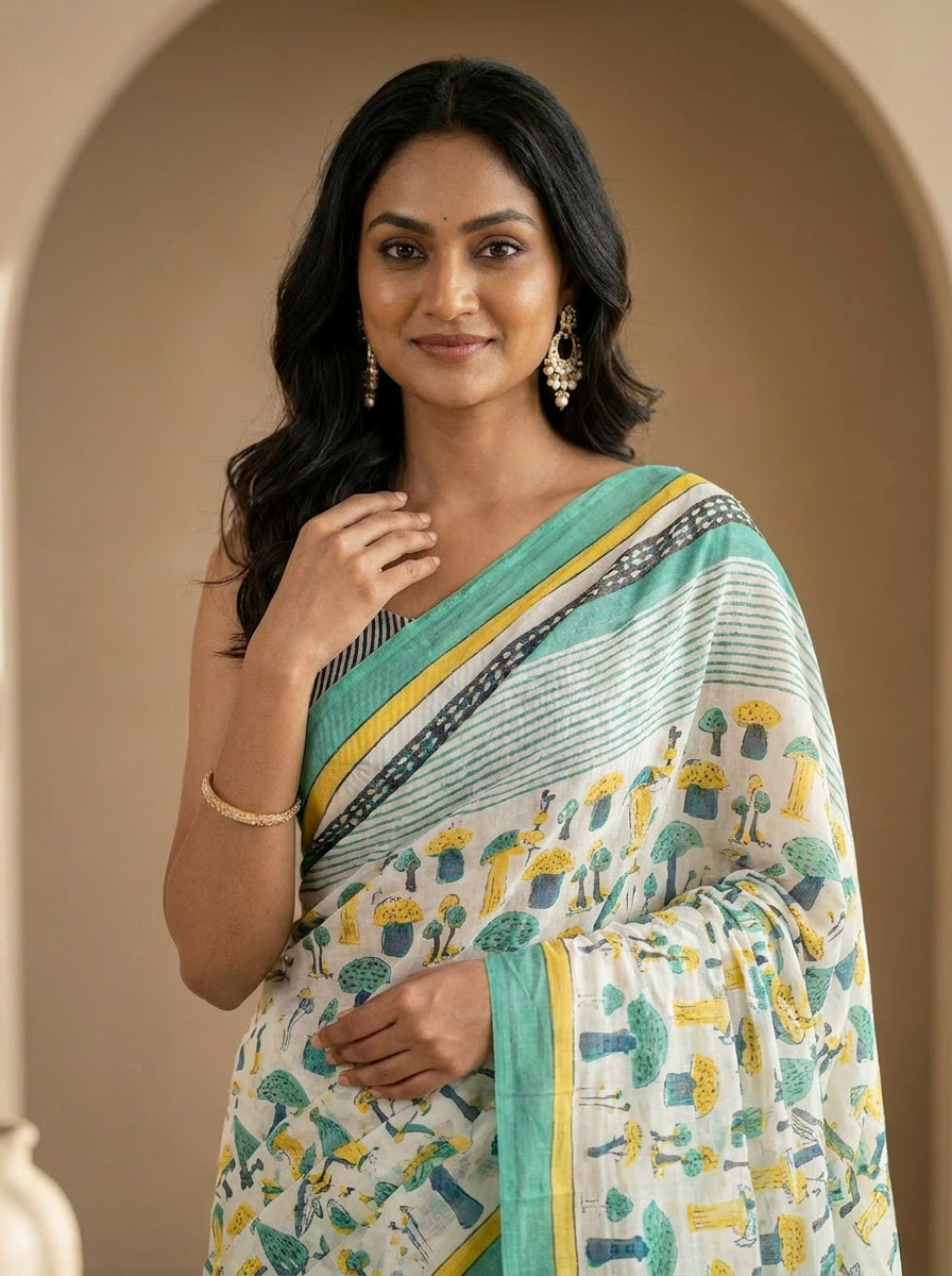 Pure Cotton Off White Saree with Multicolor Abstract Prints & Green Border - 04 upper closeup