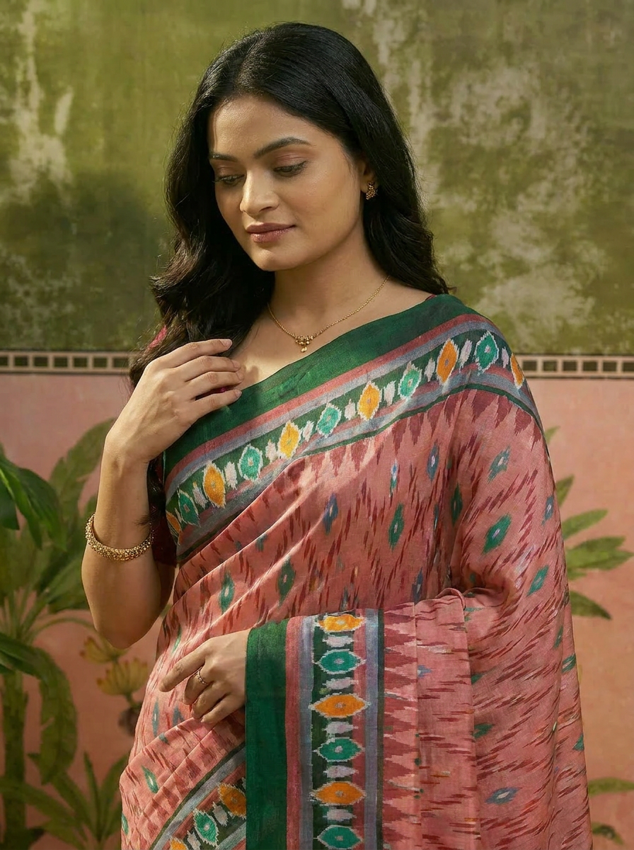 Pure Cotton Peach Saree with Green Border & Ethnic Prints - 04 upper closeup