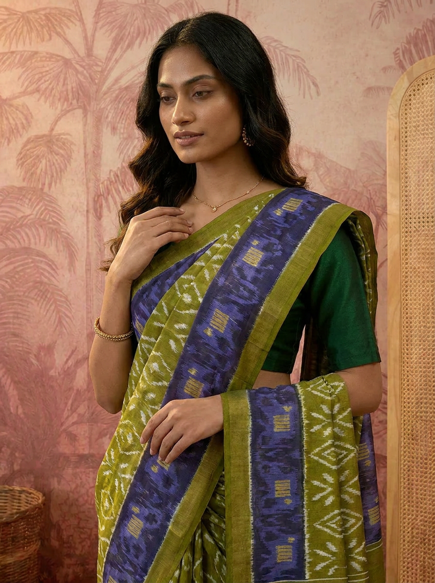 Pure Cotton Olive Green Saree with Blue Border & Traditional Prints - 04 upper closeup