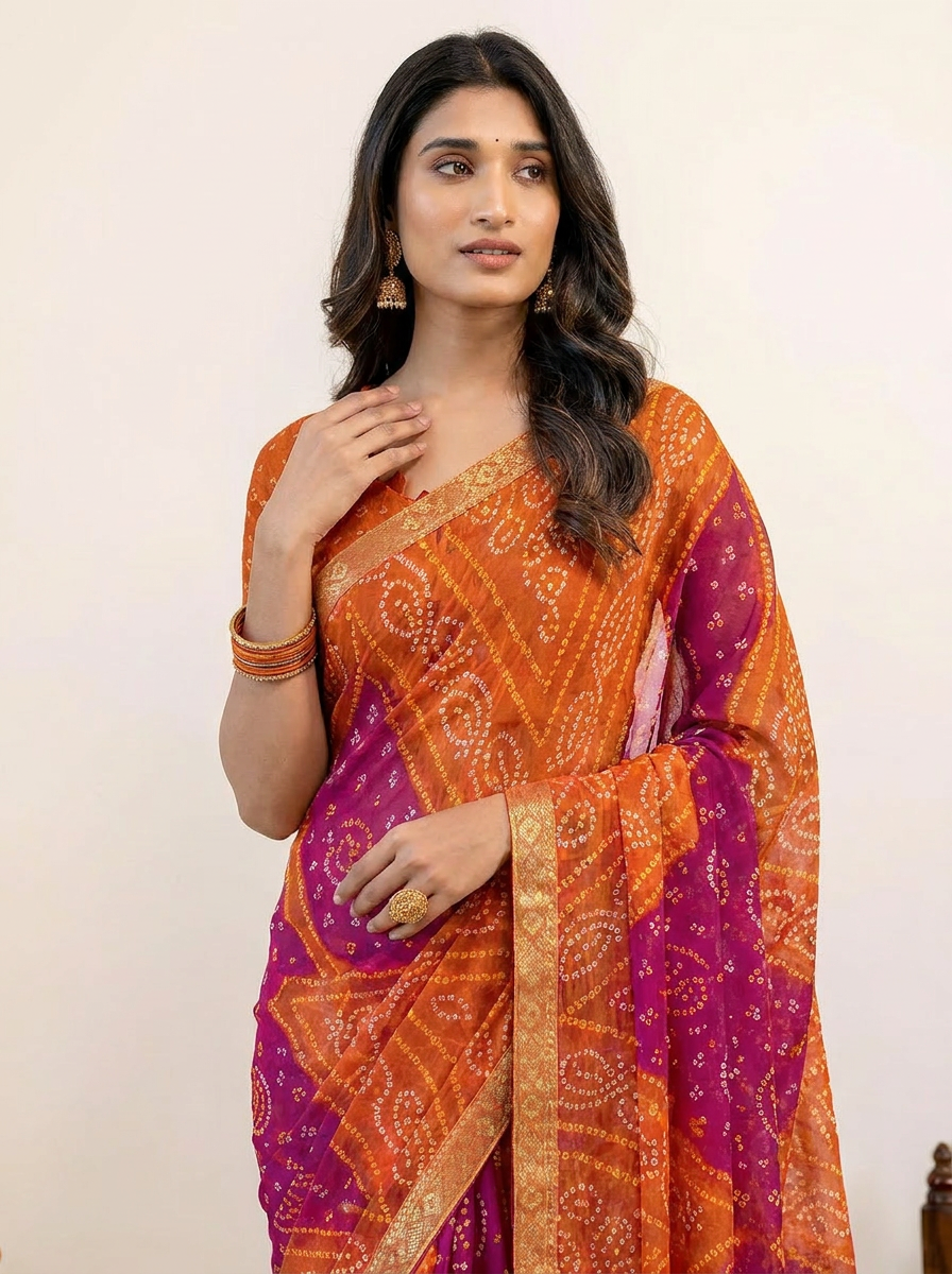 Rangriti Bandhani Chiffon Saree with Lace Border - 04 upper closeup