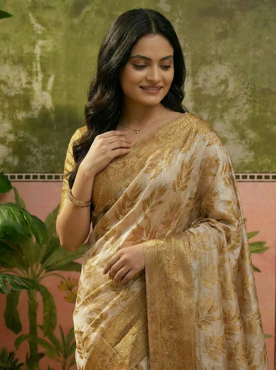 Vriksha Floral Leaf Chanderi Saree - 04 upper closeup