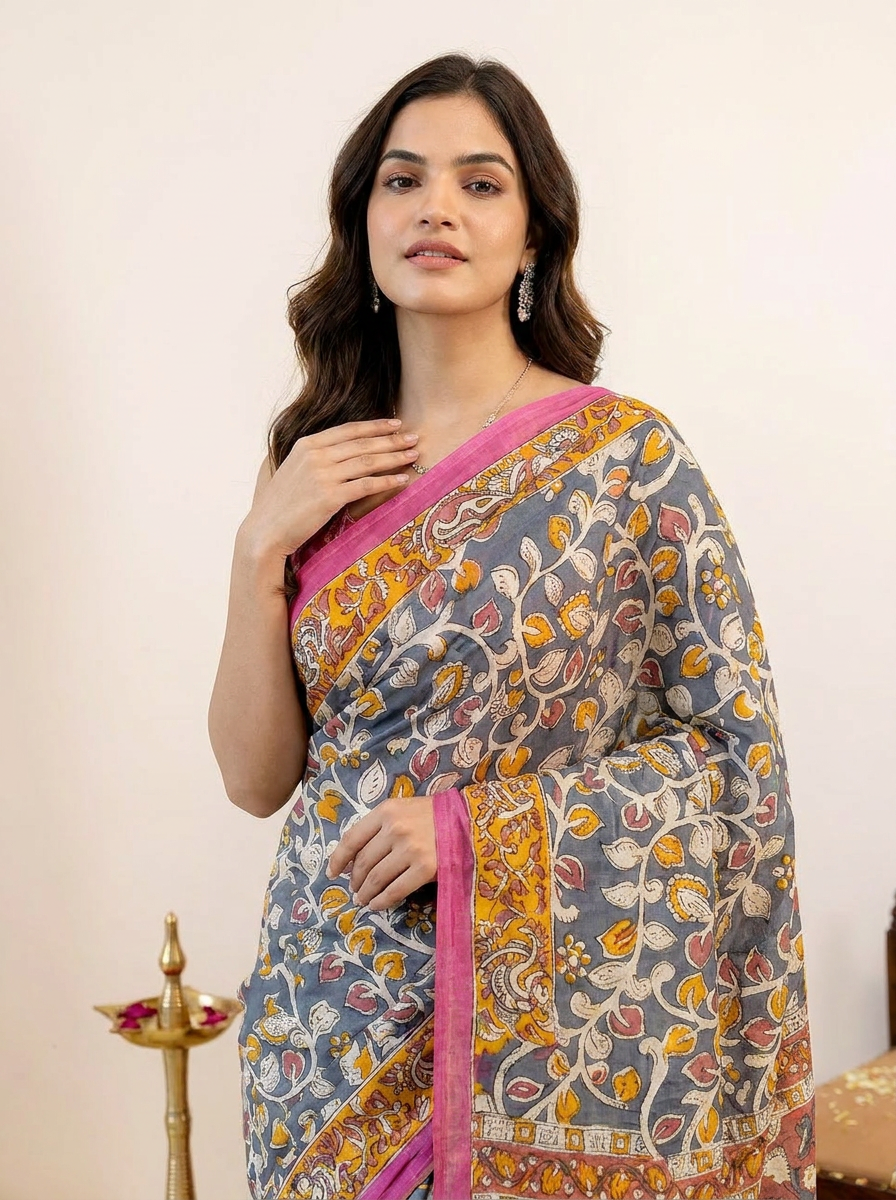 Pure Cotton Grey Saree with Kalamkari Inspired Art & Pink Border