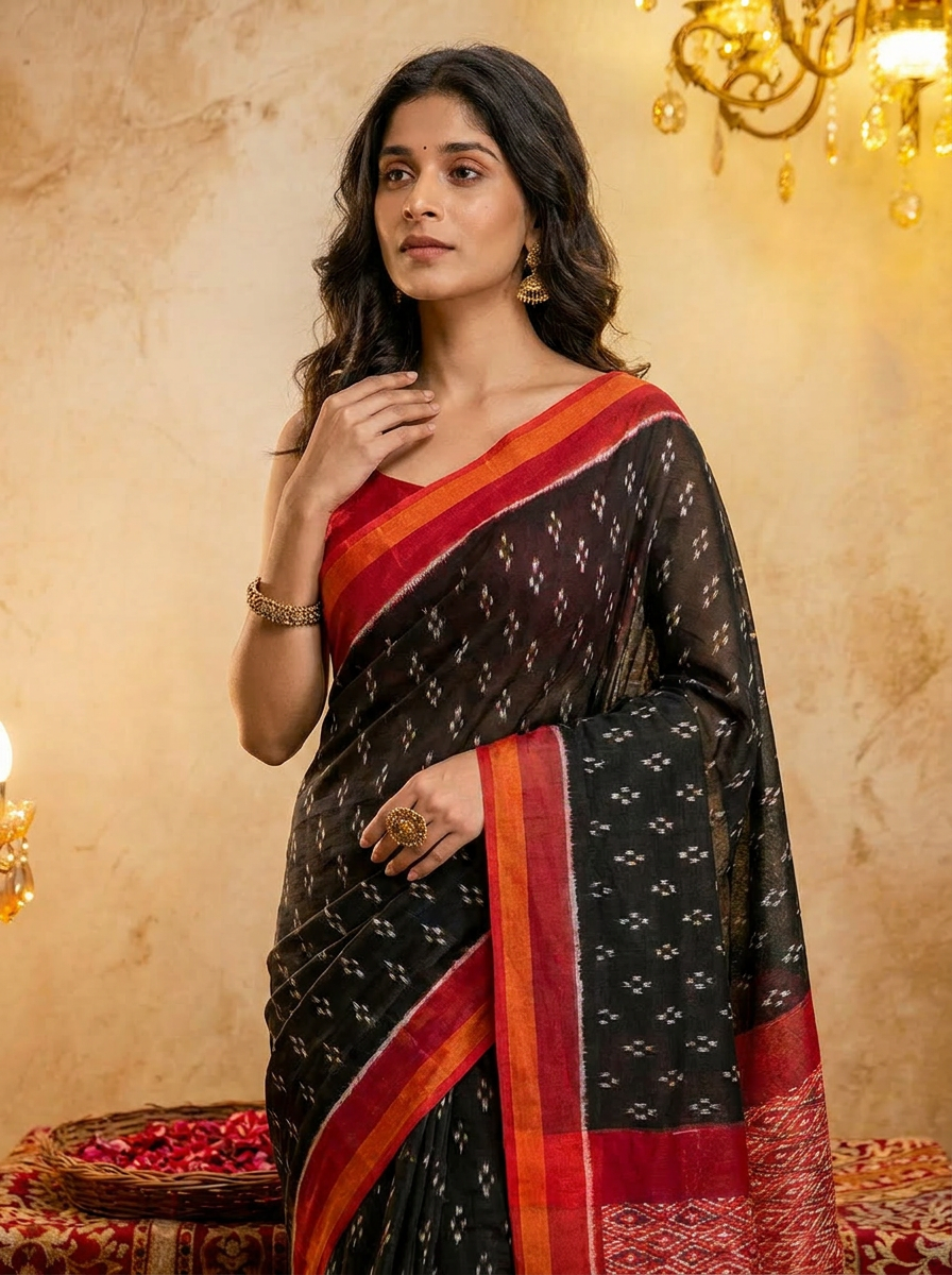 Rama green ikkat print cotton saree with blouse