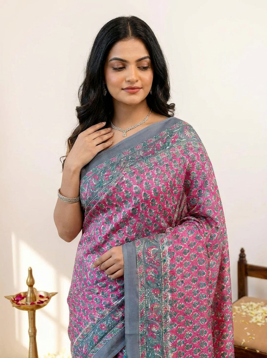 Pure Cotton Pink Saree with Grey Border & Floral Motifs