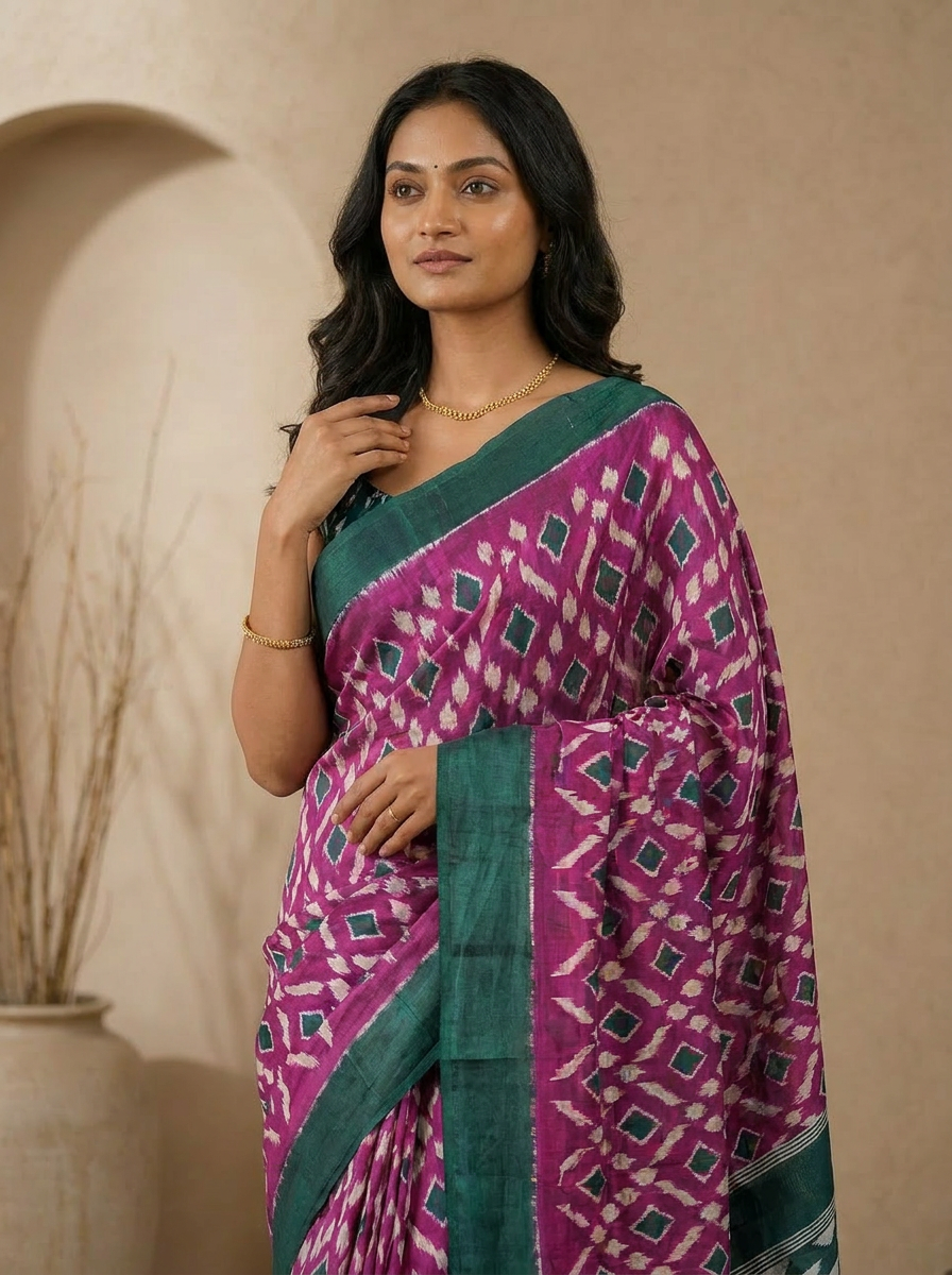 Pure Cotton Pink Saree with Rama Border & Floral Motifs - 04 upper closeup