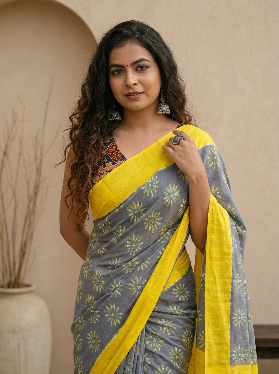 Stylish Pure Cotton Grey Saree with Yellow Border & Floral Print - 04 upper closeup