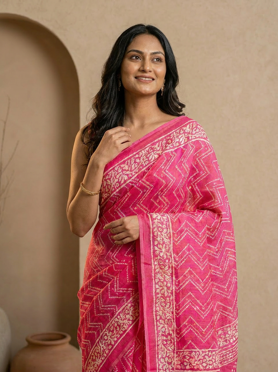 Graceful Pure Cotton Pink Printed Saree with White Ethnic Patterns - 04 upper closeup
