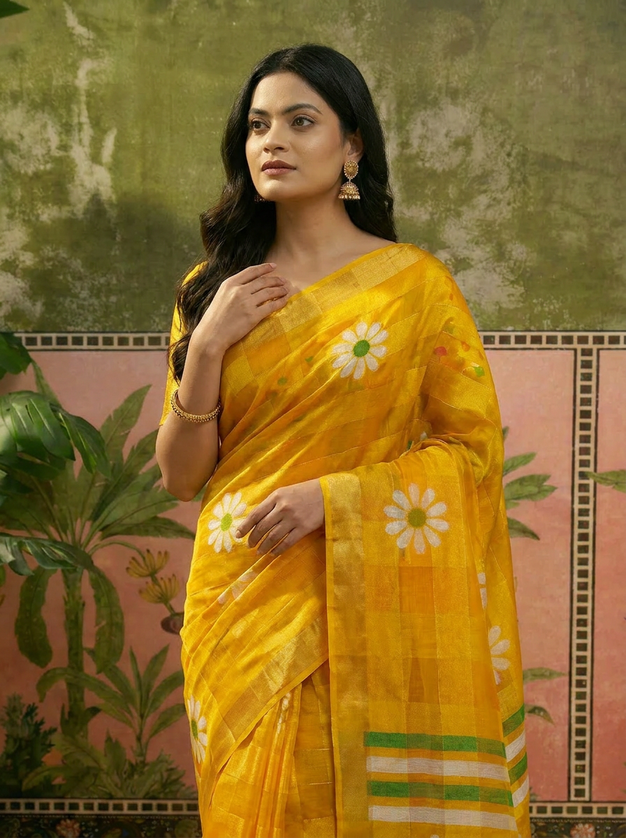 Aarohi Silk Blend Floral Saree with Woven Jari Work - 04 upper closeup