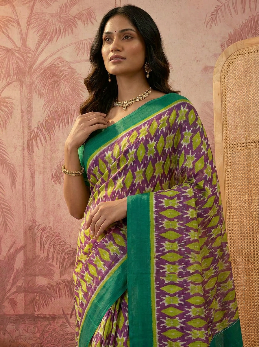 Stylish Pure Cotton Green & Purple Printed Saree with Contrast Pallu - 04 upper closeup