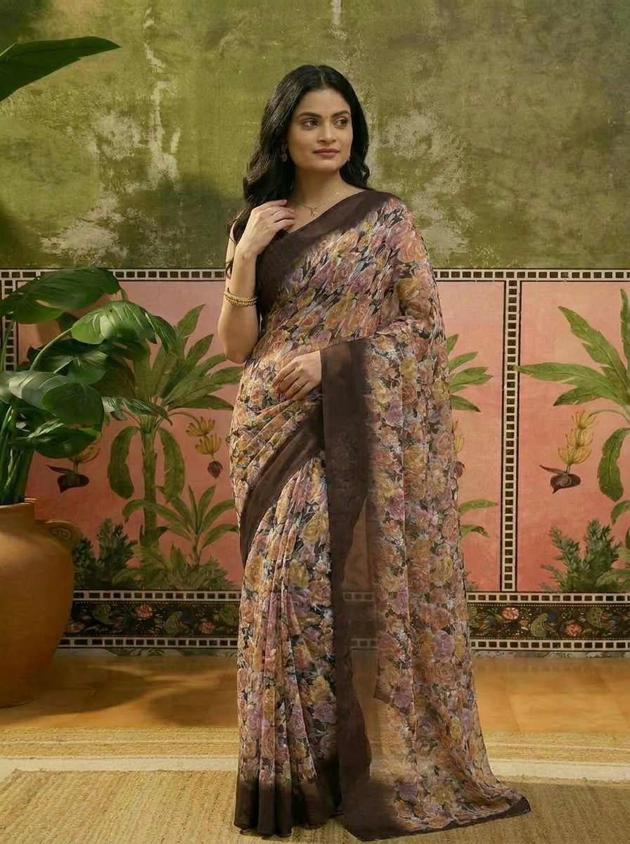 Elegant Black Floral Printed Chiffon Saree with Stylish Border – Party & Festive Wear - 04 upper closeup