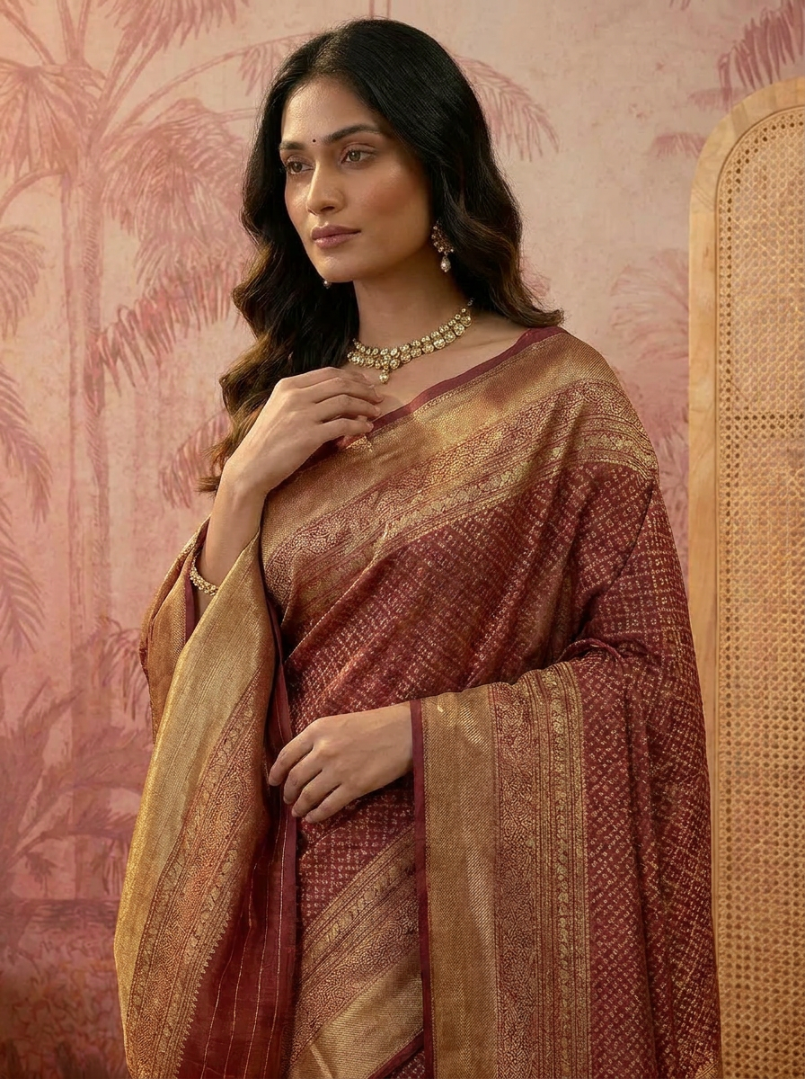 Elegant Maroon Banarasi Style Zari Woven Saree with Rich Golden Pallu Ã¢â‚¬â€œ Wedding & Festive Wear - 04 upper closeup