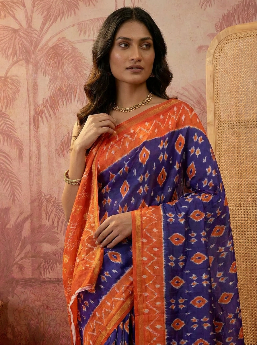 Pure Cotton Navy Blue & Orange Printed Saree with Contrast Border - 04 upper closeup