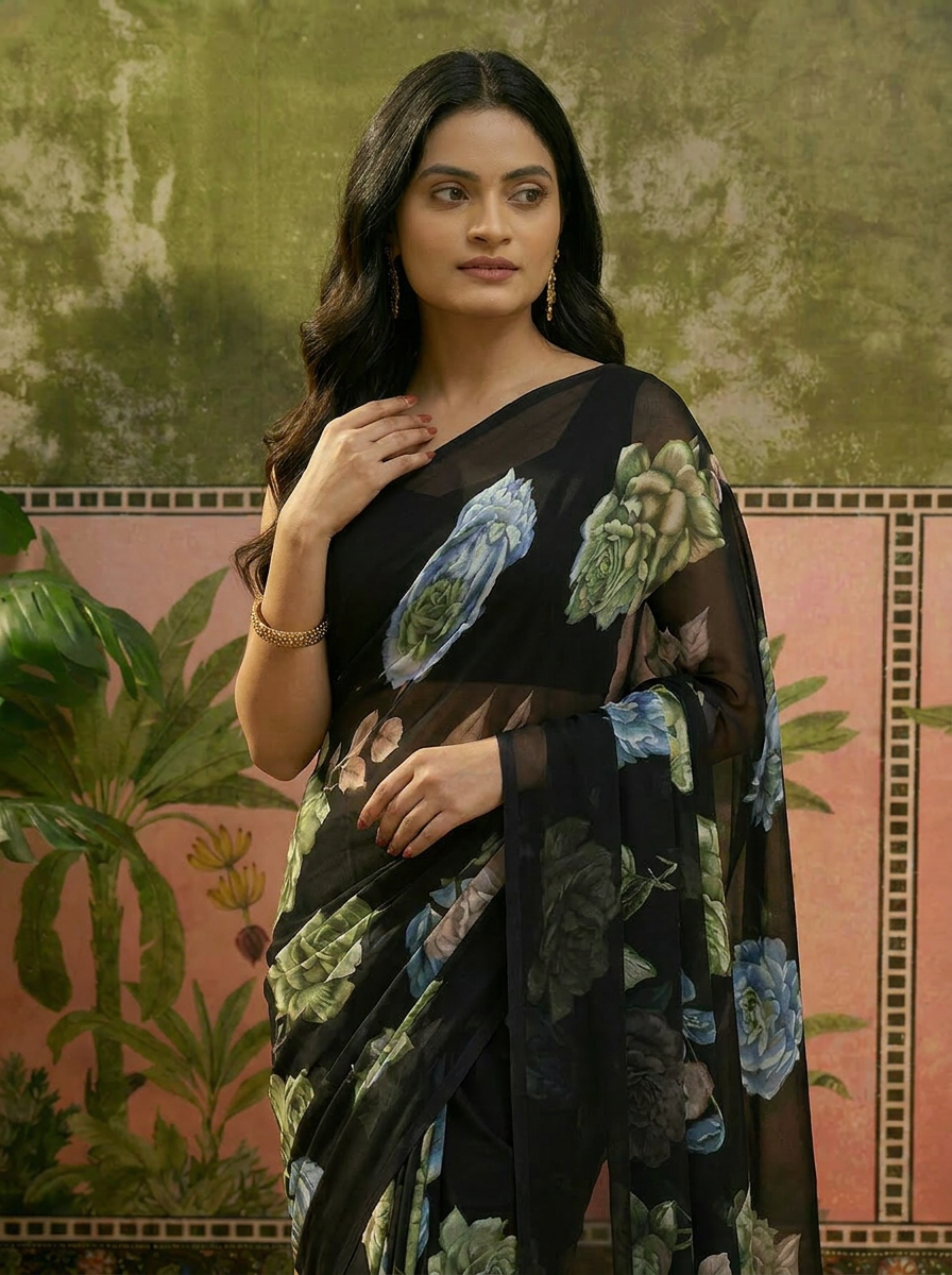 Elegant Black Floral Printed Chiffon Saree with Flower Design – Stylish Party & Casual Wear - 04 upper closeup