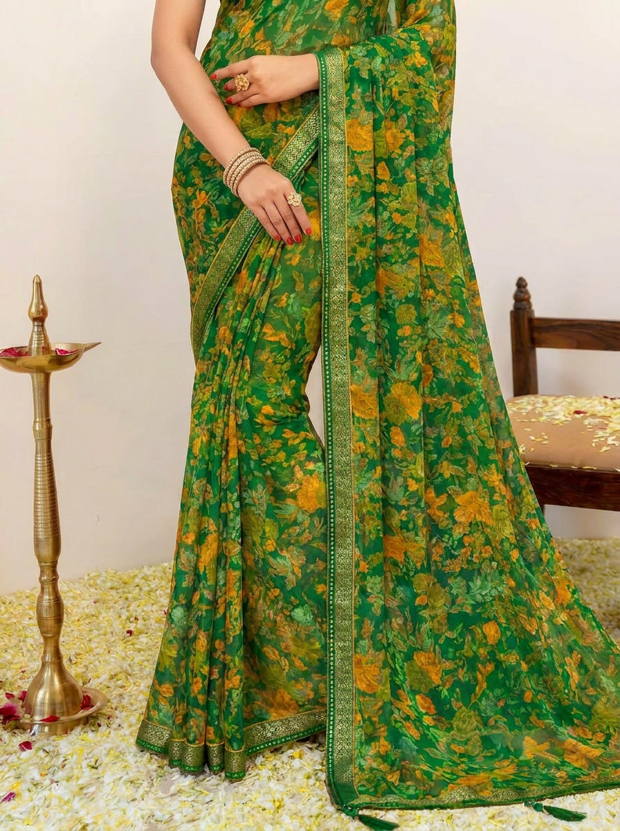 Aarna Floral Printed Chiffon Saree with Lace Border