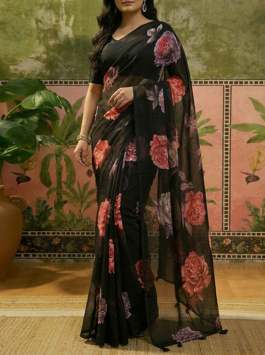 Elegant Black Floral Printed Chiffon Saree with Flower Design – Stylish Party & Casual Wear - 05 lower closeup