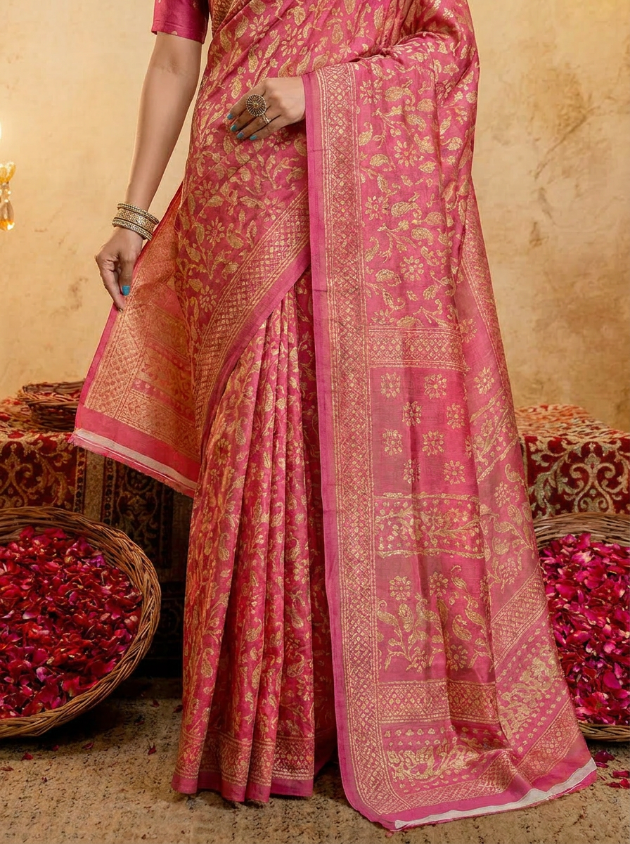 Sea Blue Cotten Saree with Golden Paisley Prints - 05 lower closeup