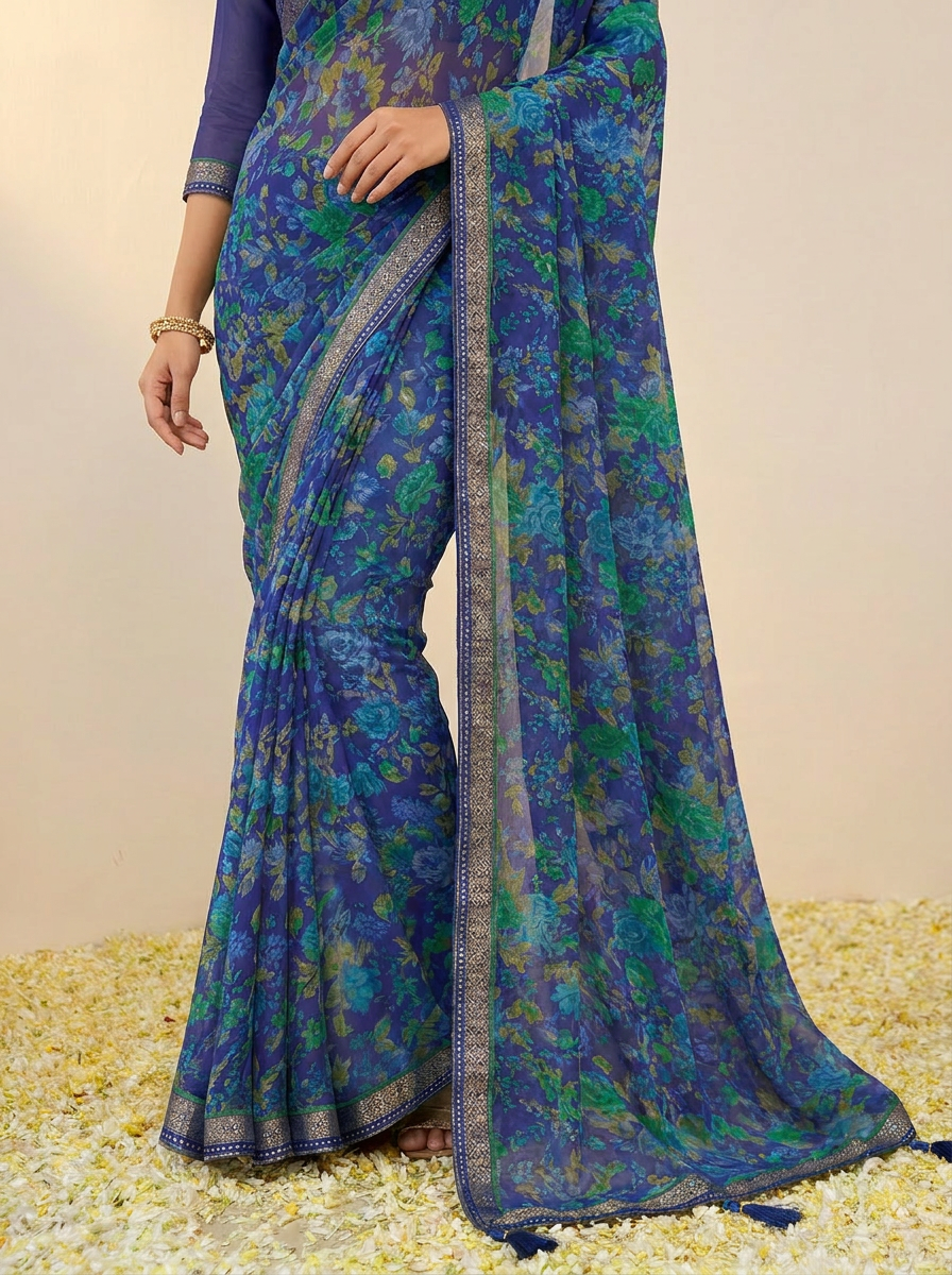 Aarna Floral Printed Chiffon Saree with Lace Border