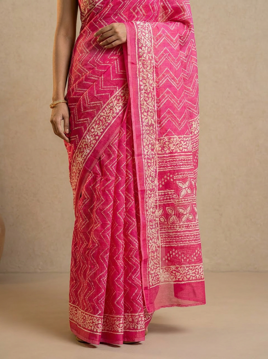 Graceful Pure Cotton Pink Printed Saree with White Ethnic Patterns - 05 lower closeup