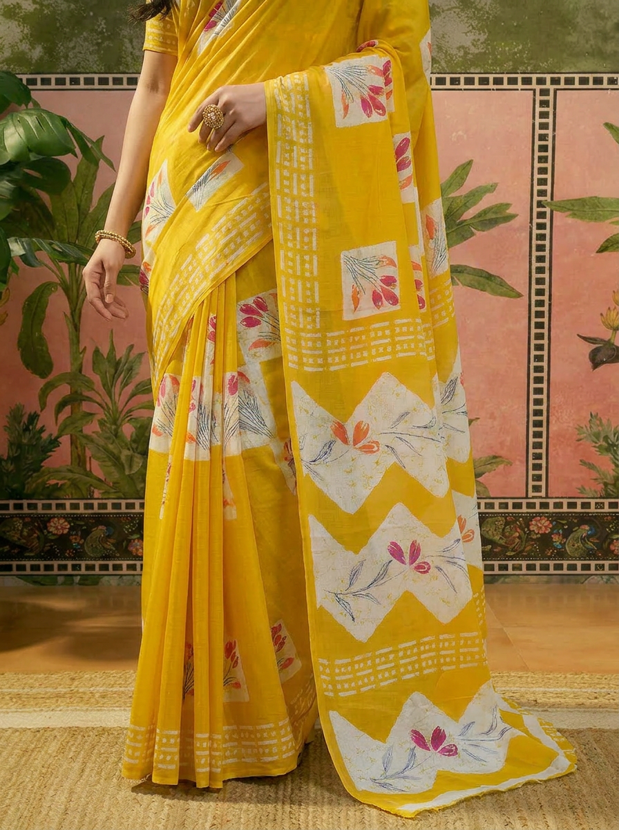 Olive Green Batik Printed Mulmul Cotton Saree - 05 lower closeup (1)