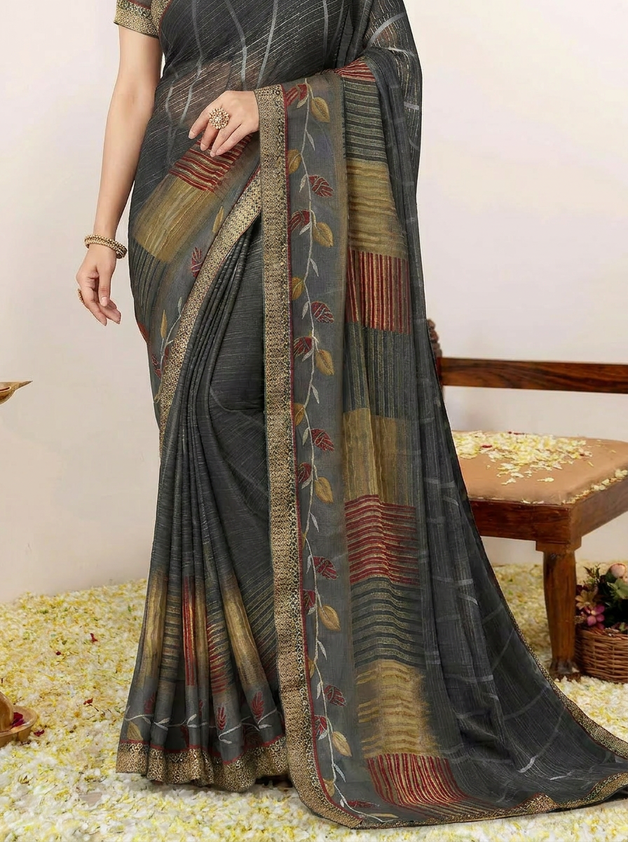 Aarohi Digital Print Chiffon Saree with Lace Border - 05 lower closeup (1)