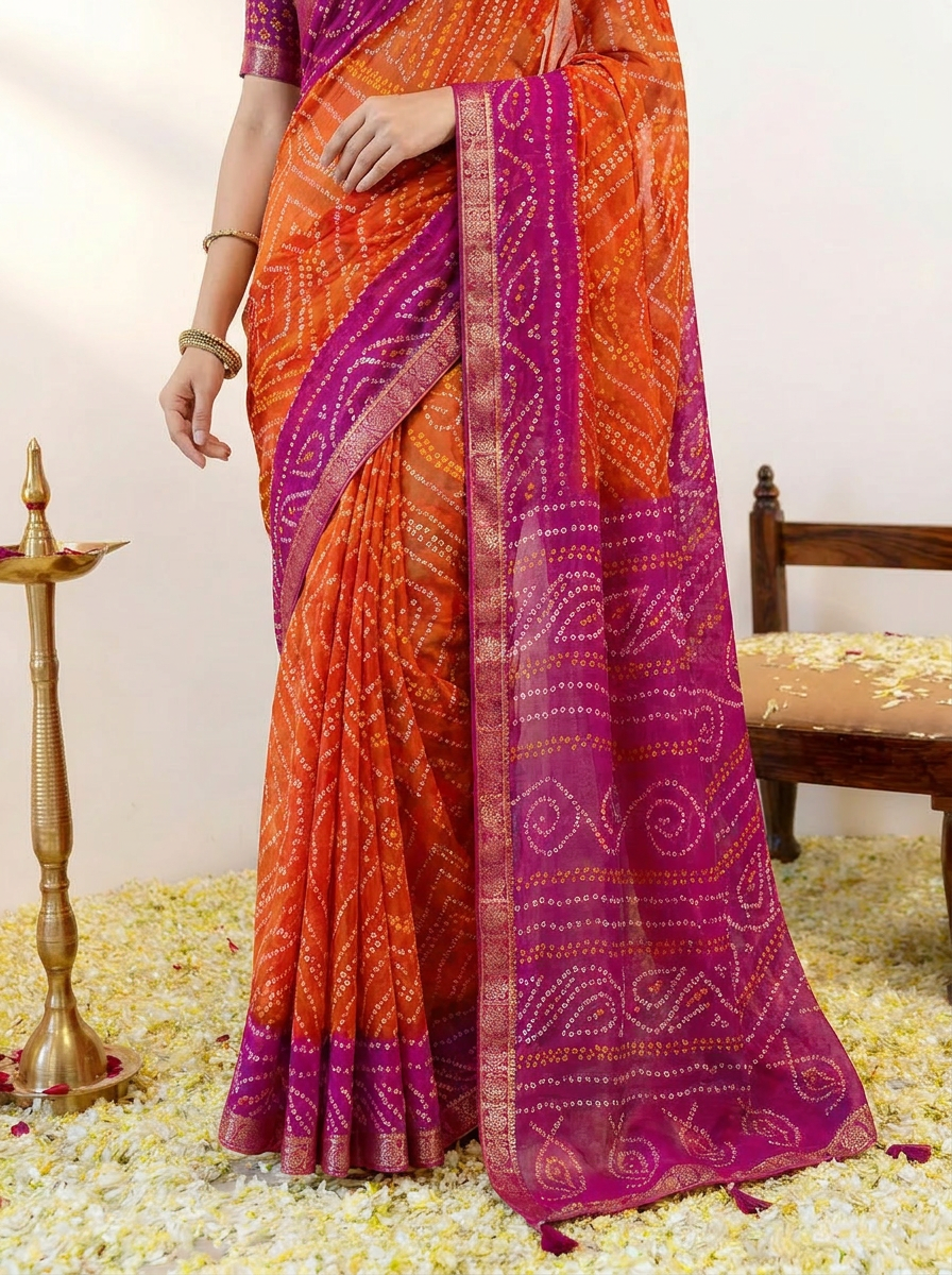 Rangriti Bandhani Chiffon Saree with Lace Border - 05 lower closeup (1)