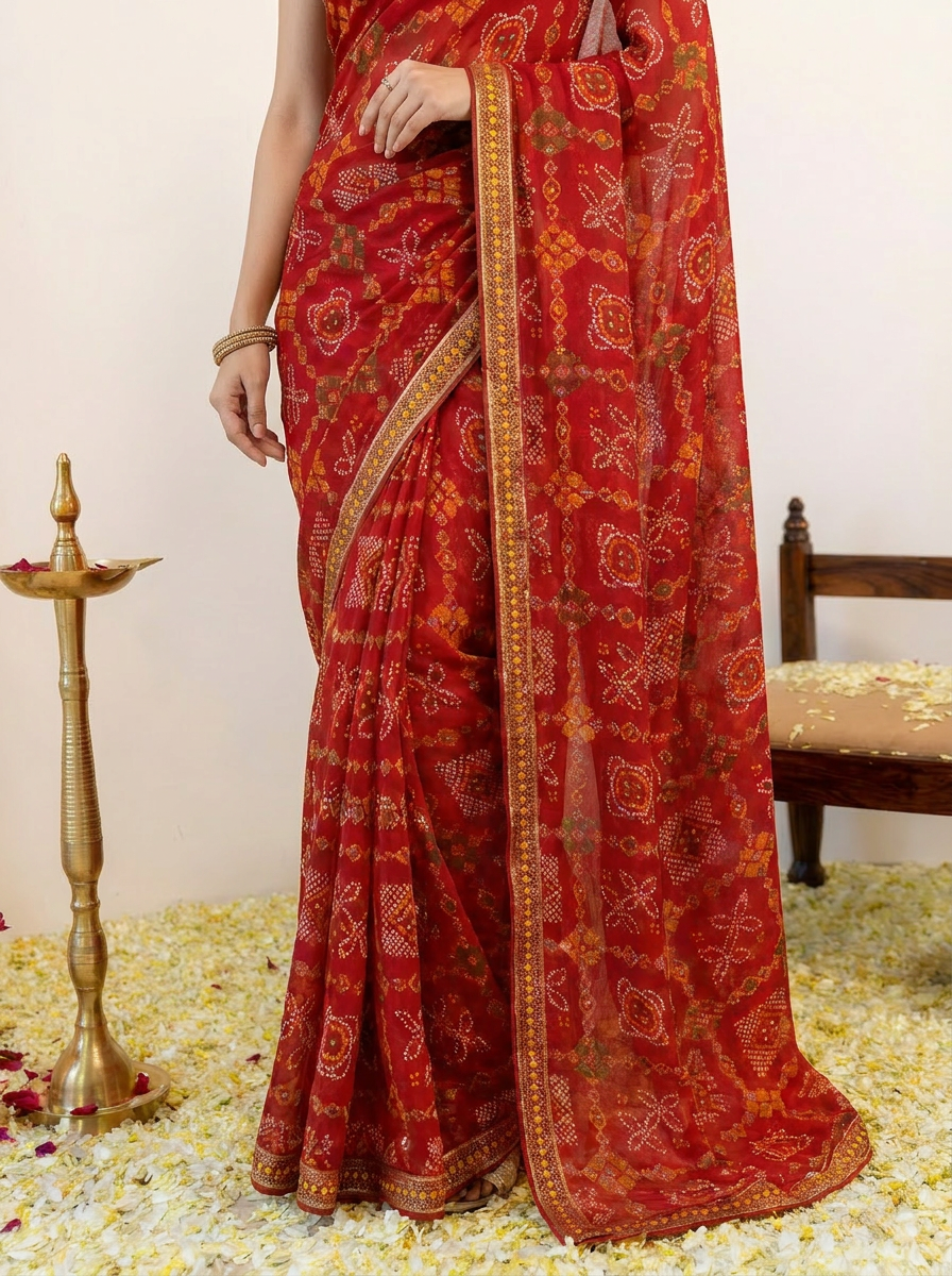 Ishani Bandhani Printed Chiffon Saree with Lace Border - 05 lower closeup (1)