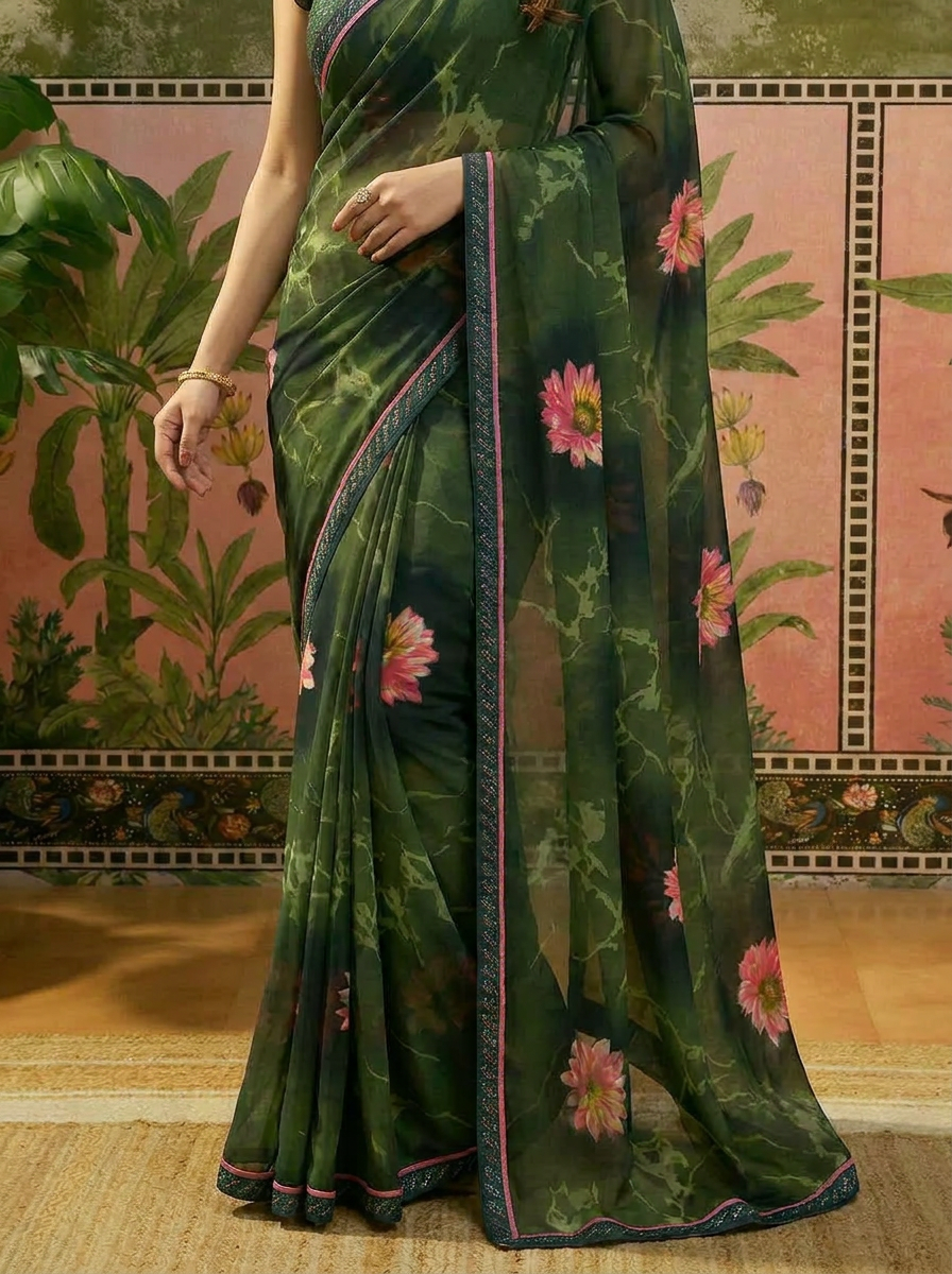 Elegant Olive Brown Floral Printed Saree with Pink Flower Design Ã¢â‚¬â€œ Stylish Party & Casual Wear - 05 lower closeup (1)