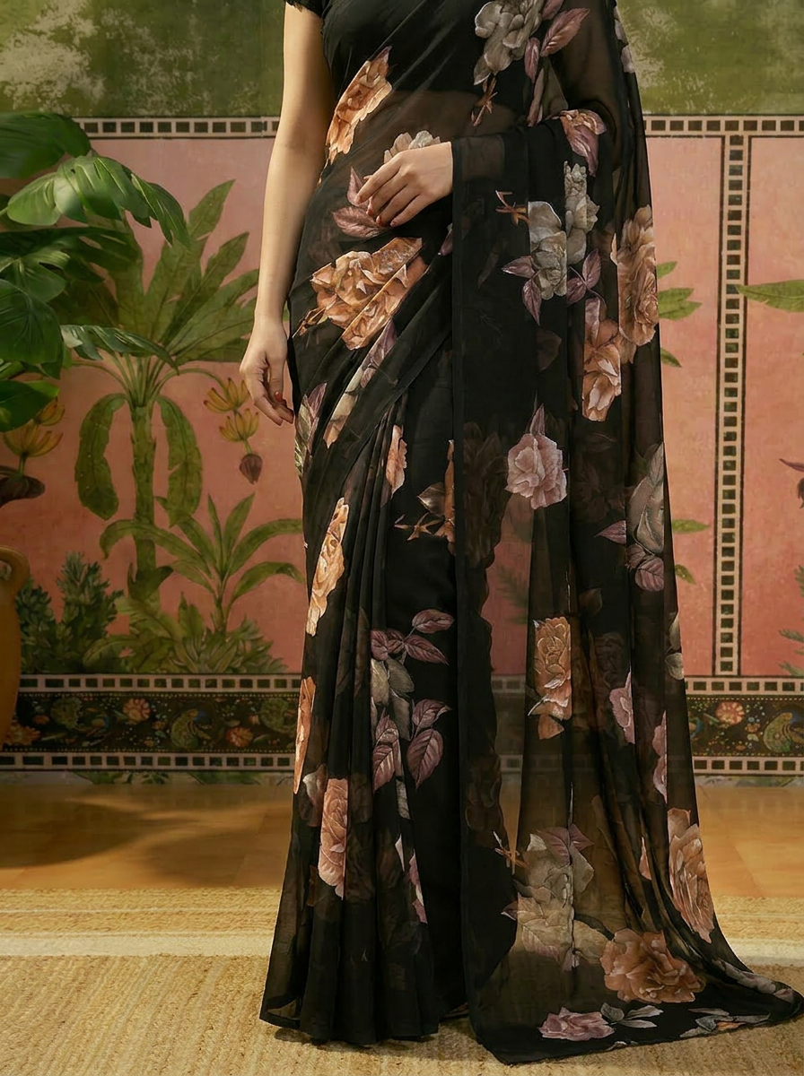 Elegant Black Floral Printed Chiffon Saree with Flower Design – Stylish Party & Casual Wear - 05 lower closeup (1)