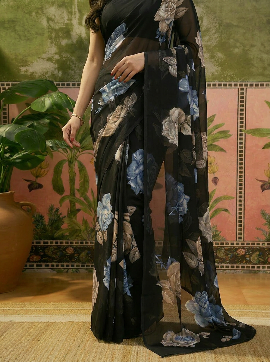 Elegant Black Floral Printed Chiffon Saree with Flower Design – Stylish Party & Casual Wear - 05 lower closeup (1)